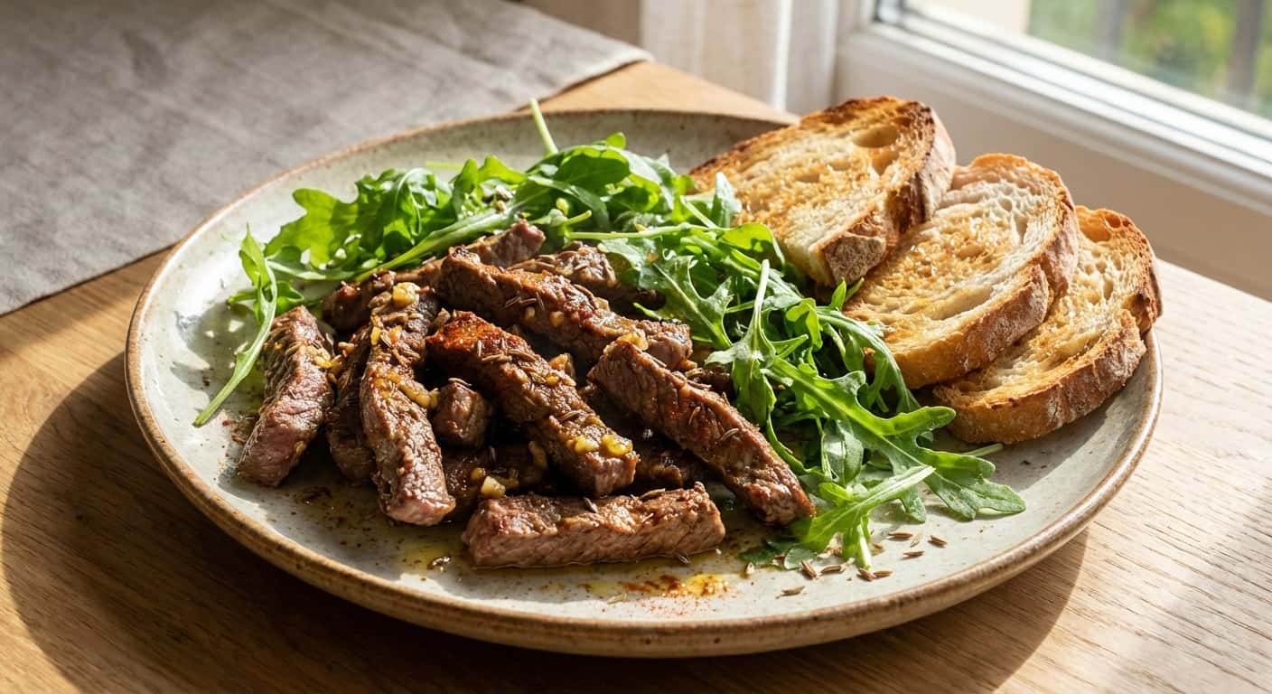 Ternera Salteada con Rúcula y Comino