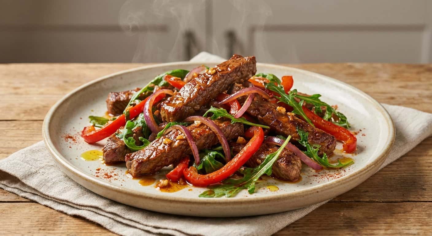Ternera Salteada con Rúcula y Pimentón Dulce