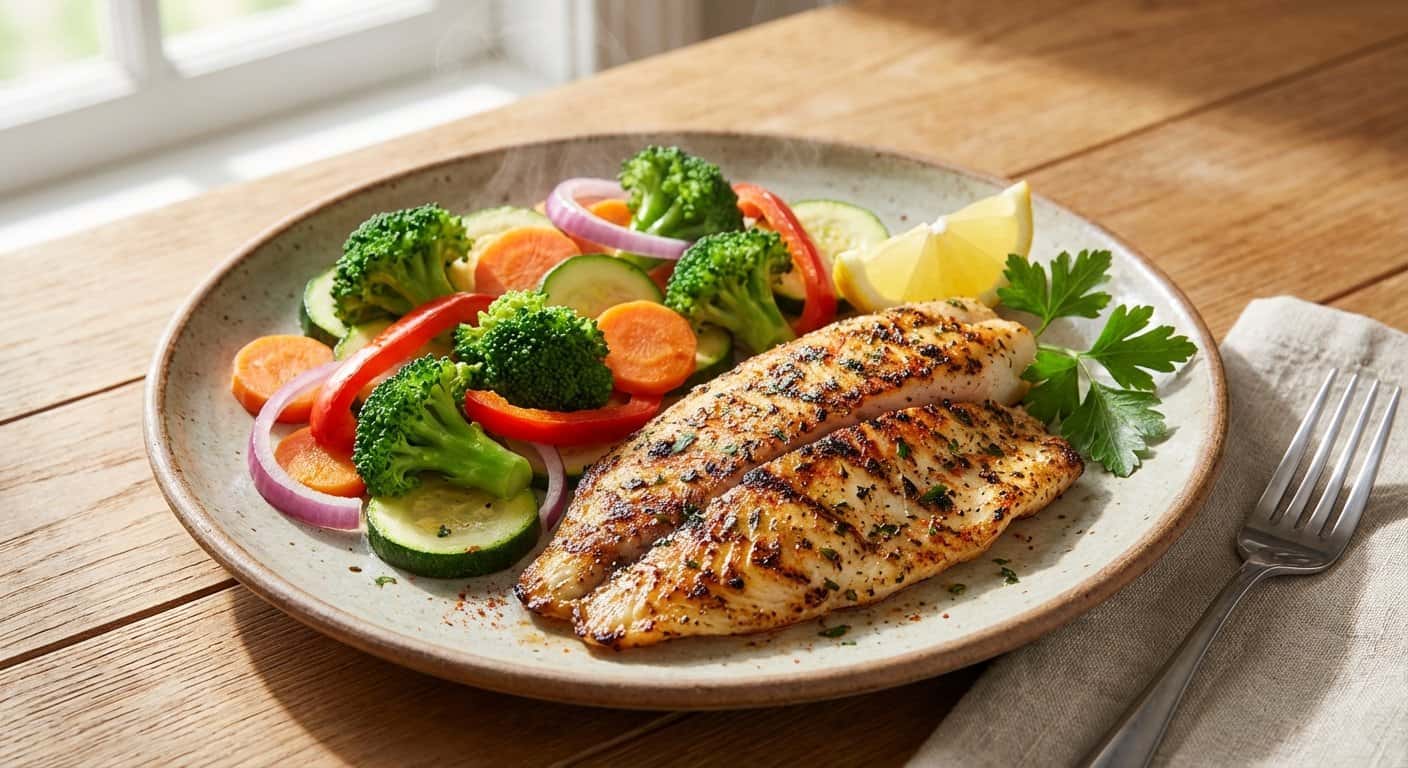 Tilapia a la parrilla con verduras al vapor