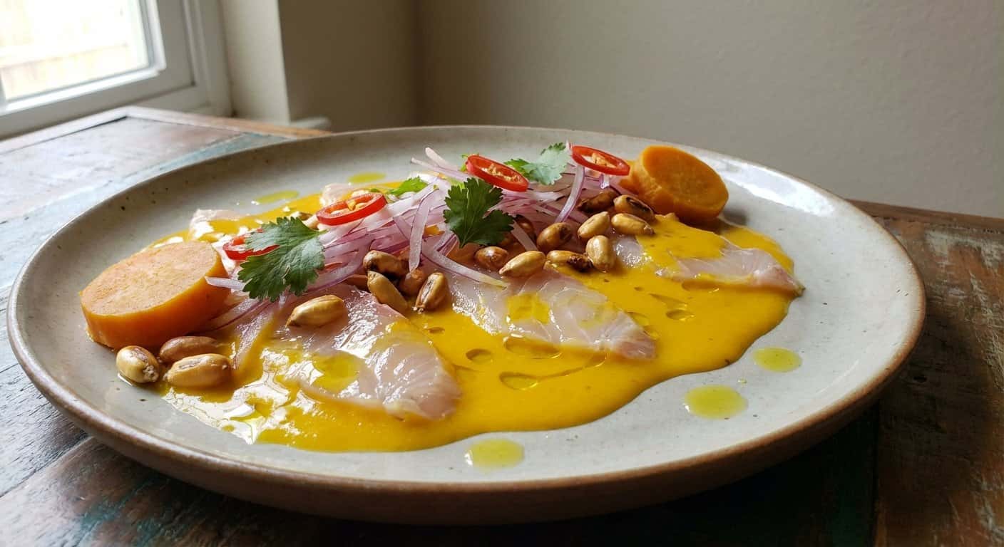 Tiradito de Corvina con Ají Amarillo y Maíz Tostado
