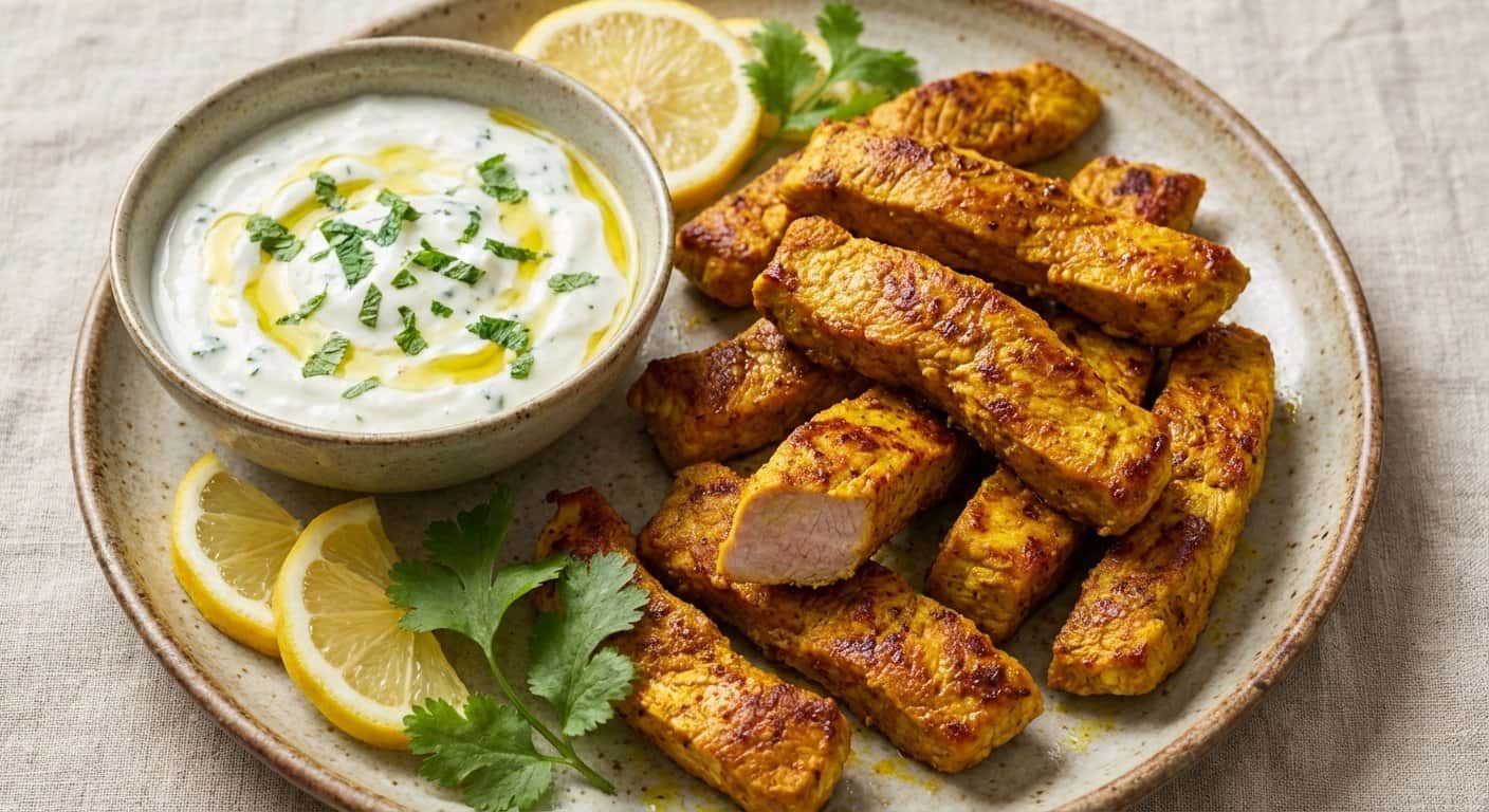 Tiras de Lomo de Cerdo al Horno con Cúrcuma y Salsa de Yogur y Limón