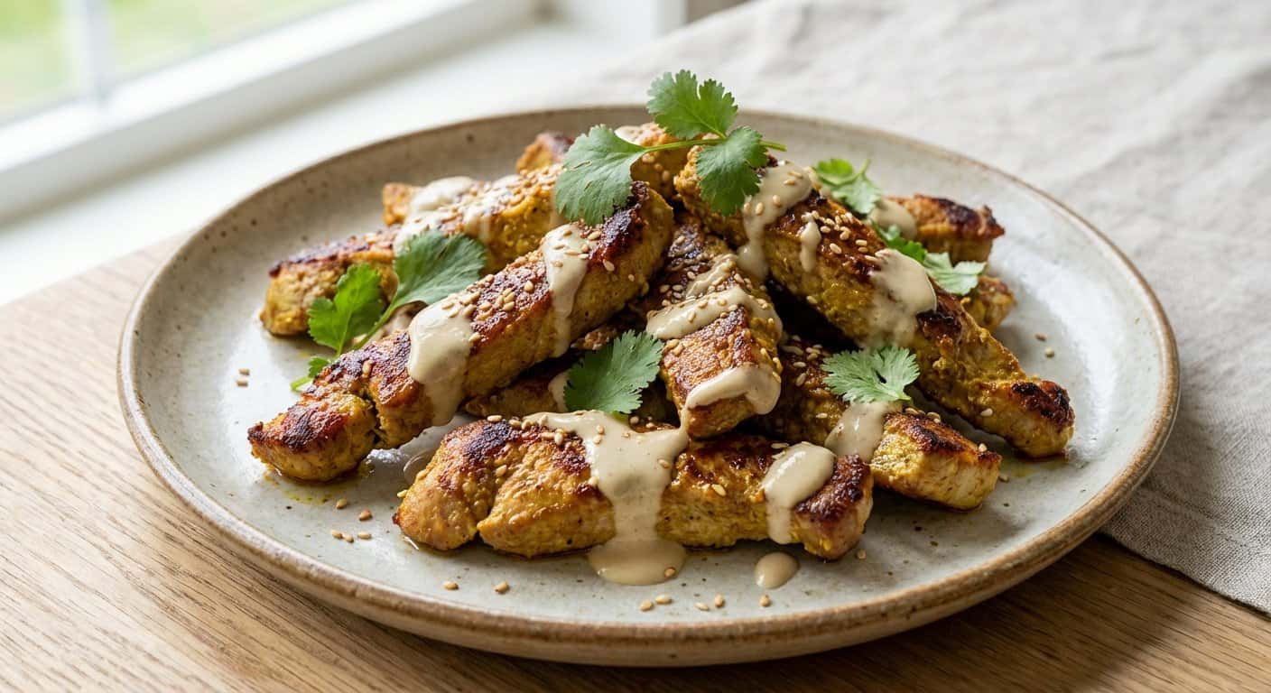Tiras de lomo de cerdo al horno con curry suave y salsa de tahini ligera