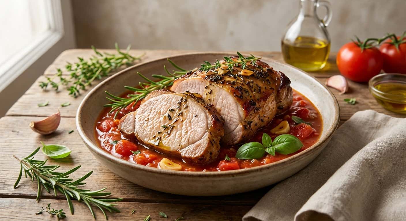 Tiras de Lomo de Cerdo al Horno con Hierbas Provenzales y Salsa de Tomate Natural