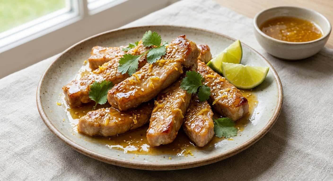 Tiras de Lomo de Cerdo al Horno con Jengibre y Salsa de Cítricos