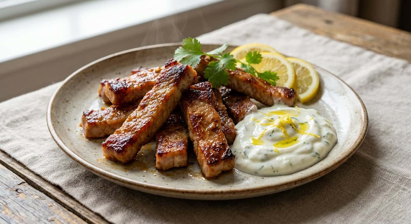 Tiras de lomo de cerdo al horno con jengibre y salsa de yogur y limón