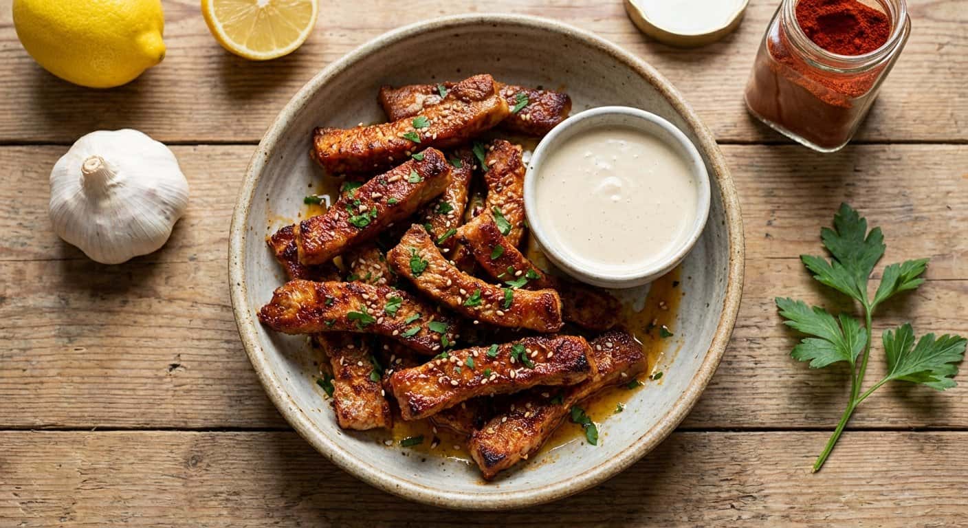 Tiras de Lomo de Cerdo al Horno con Pimentón Dulce y Salsa de Tahini Ligera