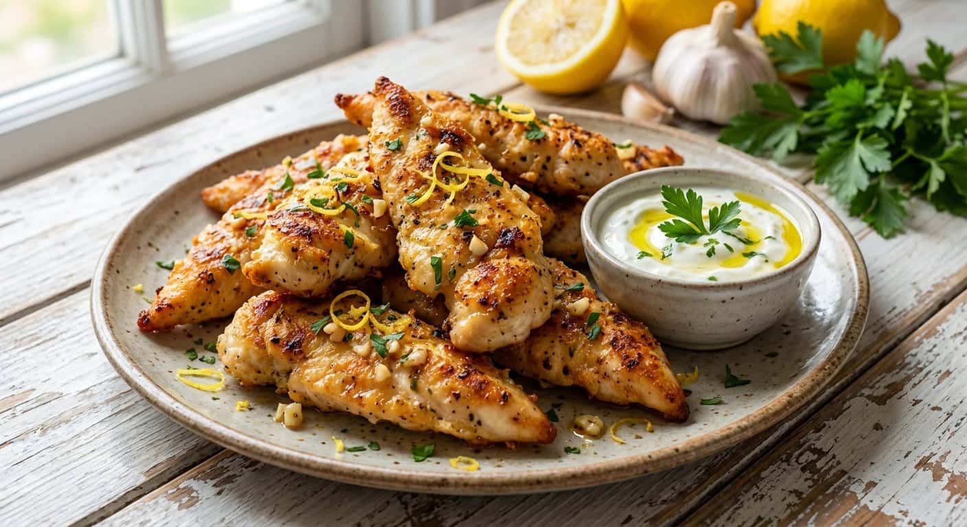 Tiras de Pollo al Horno con Ajo y Limón y Salsa de Yogur y Limón