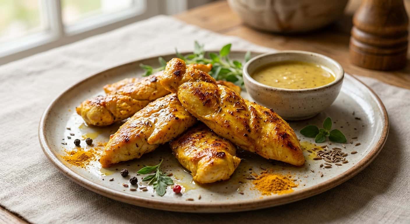 Tiras de Pollo al Horno con Cúrcuma y Vinagreta de Mostaza Suave