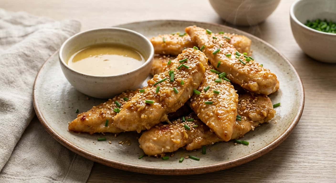 Tiras de Pollo al Horno con Jengibre y Vinagreta de Mostaza Suave