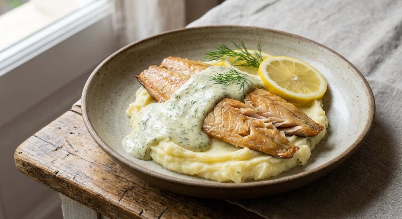 Tollo Ahumado con Puré de Patatas y Salsa de Eneldo