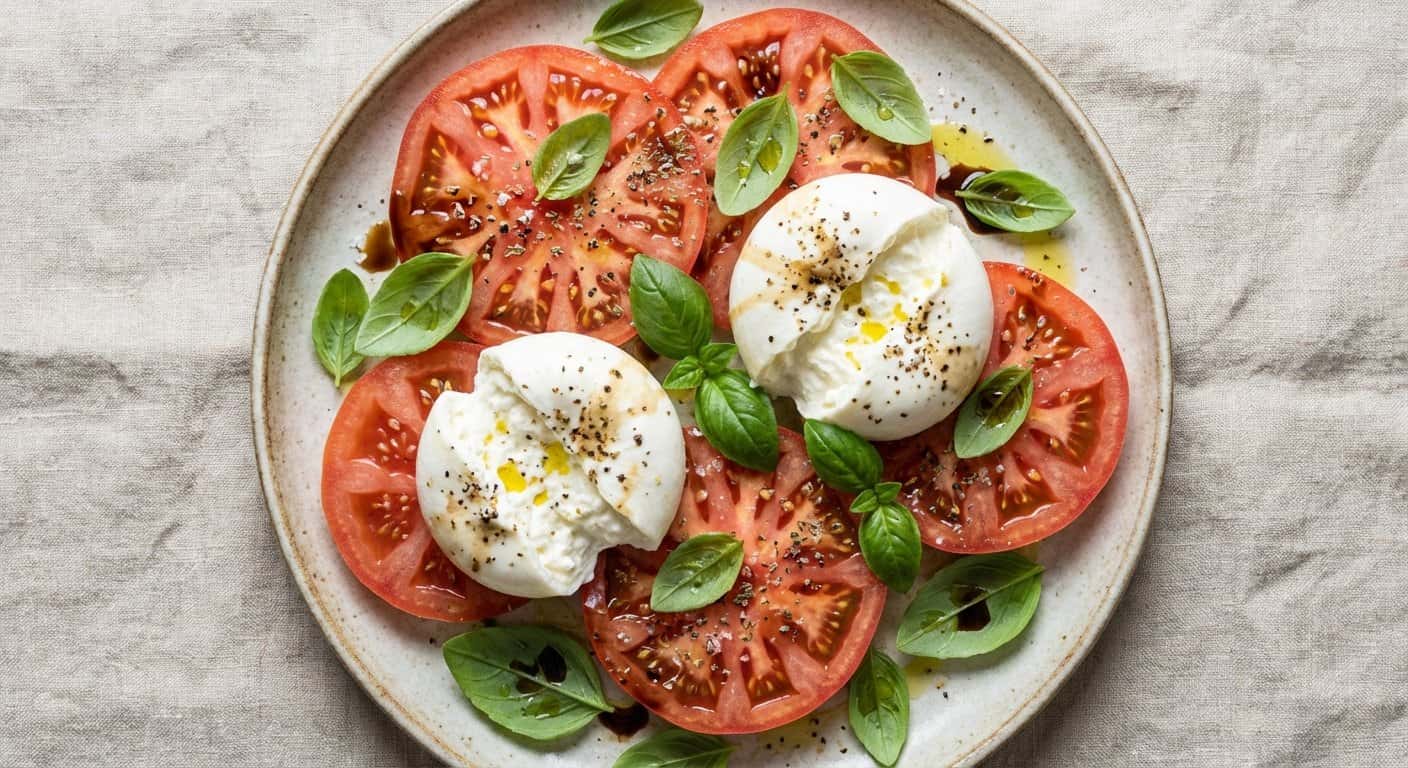 Tomate Rosa con Burrata y Albahaca