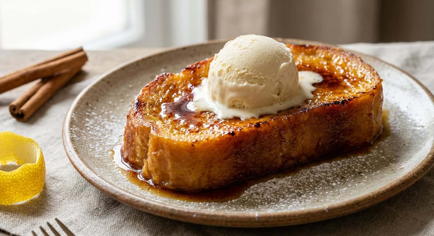 Torrija Caramelizada con Helado de Leche