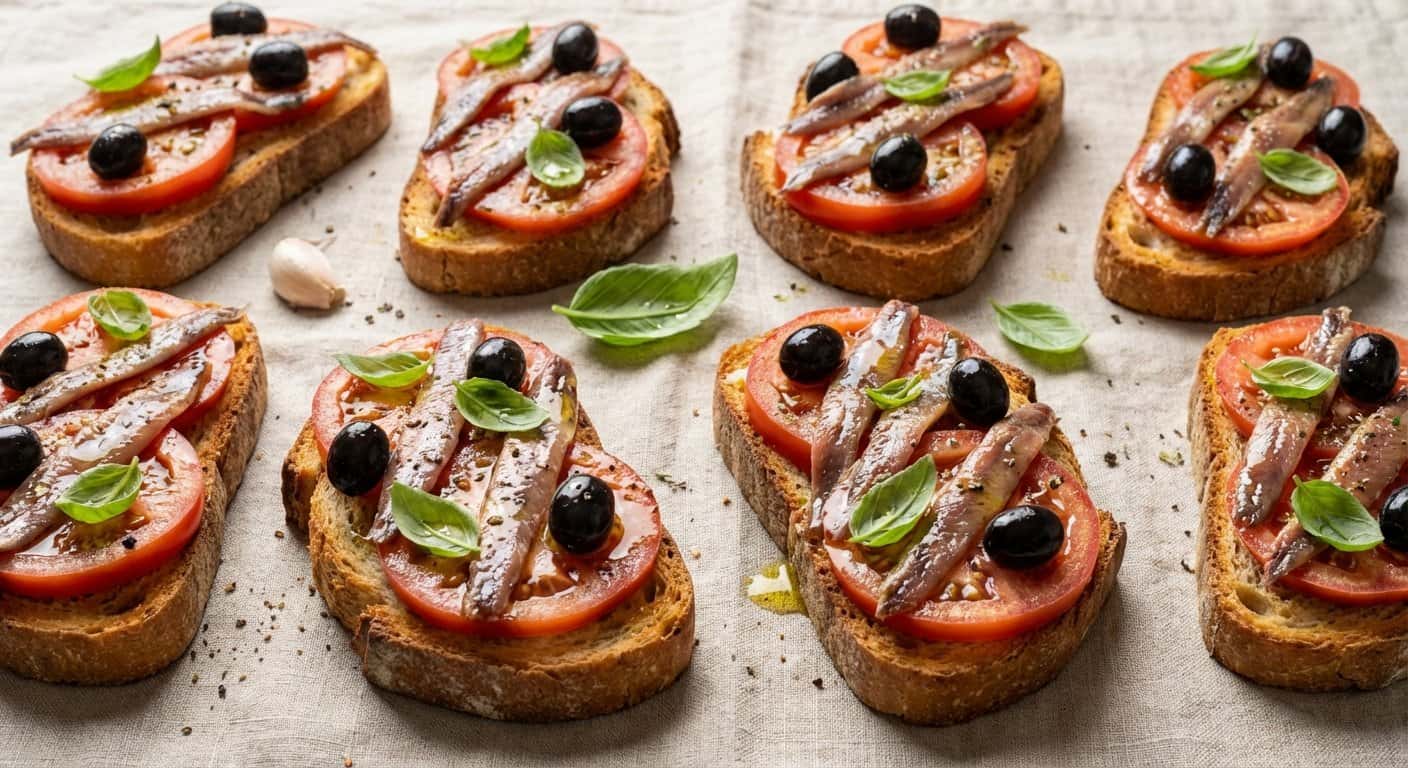Tosta de Anchoa con Tomate y Aceitunas