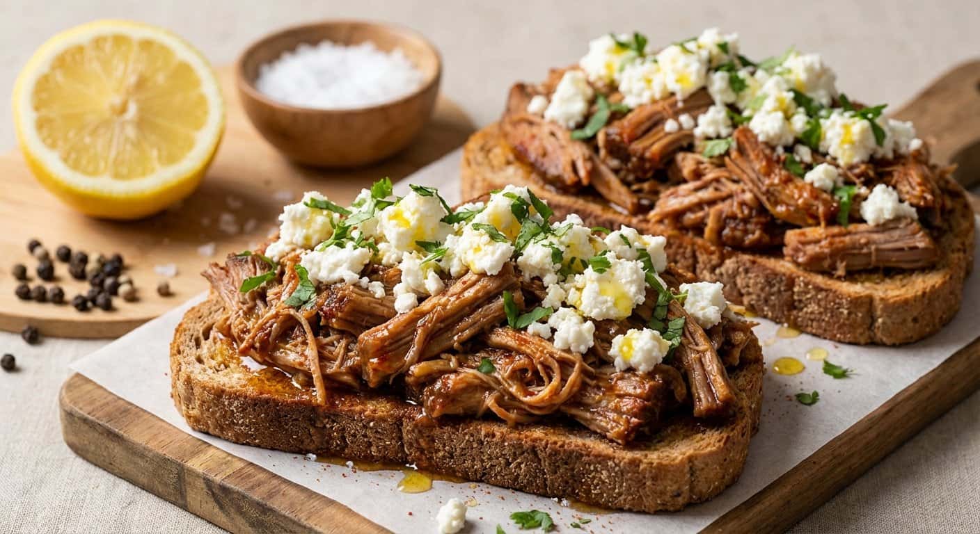 Tostadas Integrales con Cerdo Desmenuzado y Queso Fresco