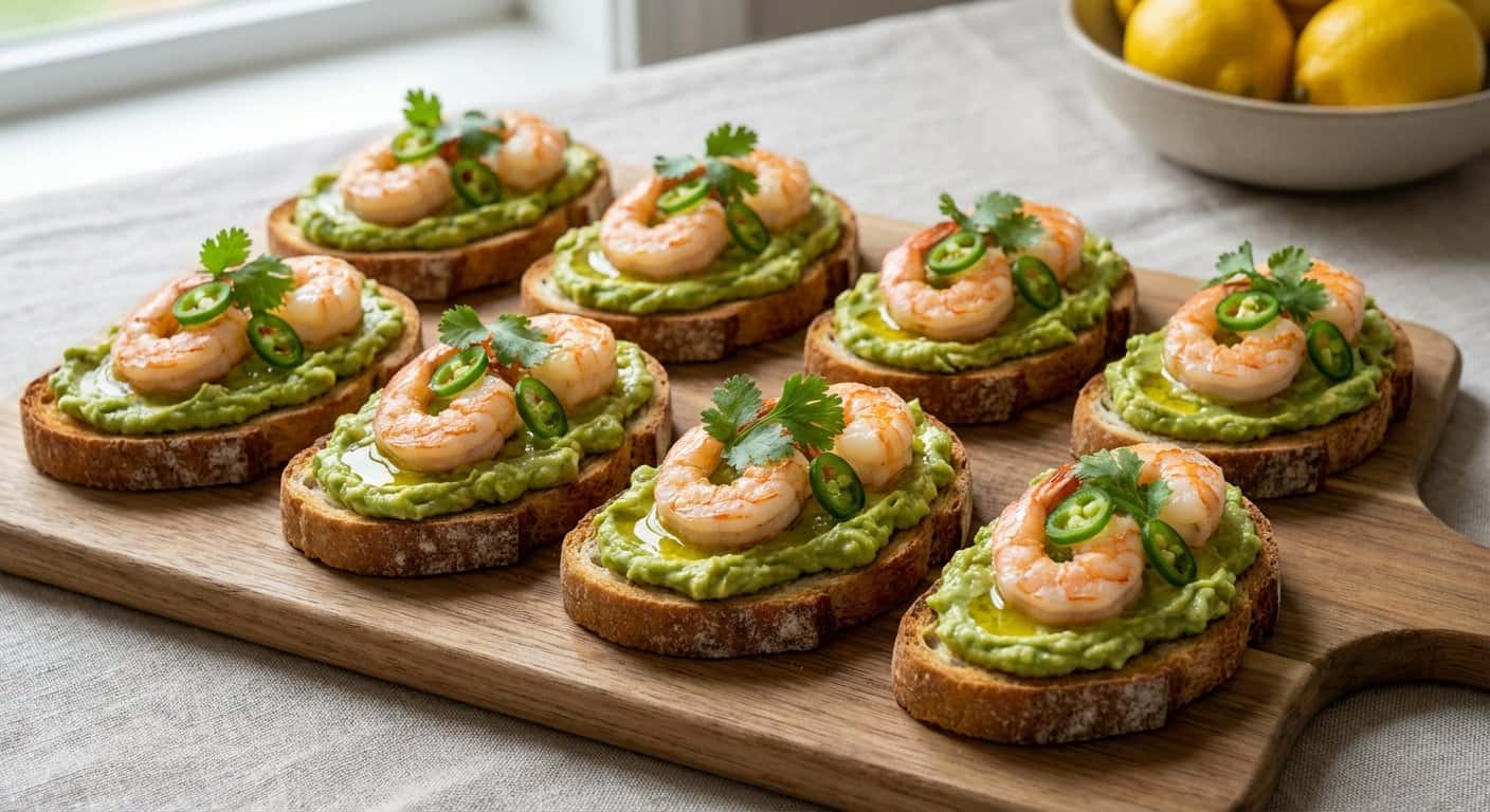 Tostas de aguacate y langostinos