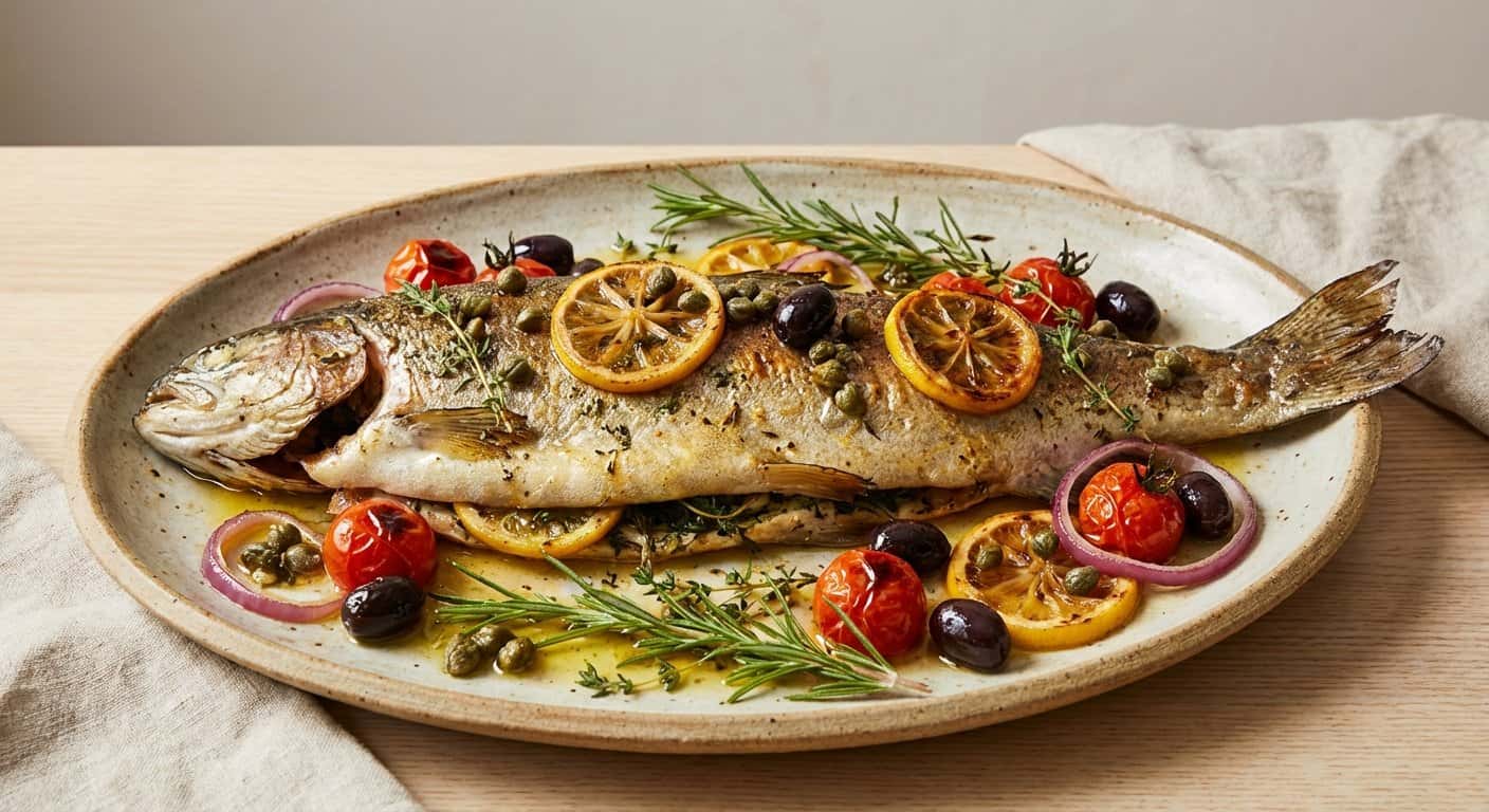 Trucha al Horno con Alcaparras y Aceitunas