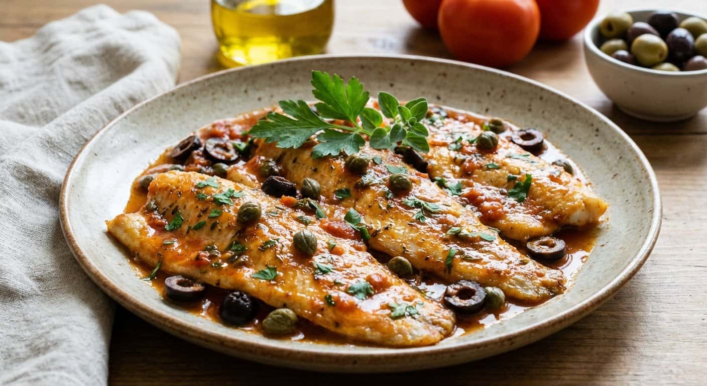 Trucha en Salsa de Tomate con Alcaparras y Aceitunas