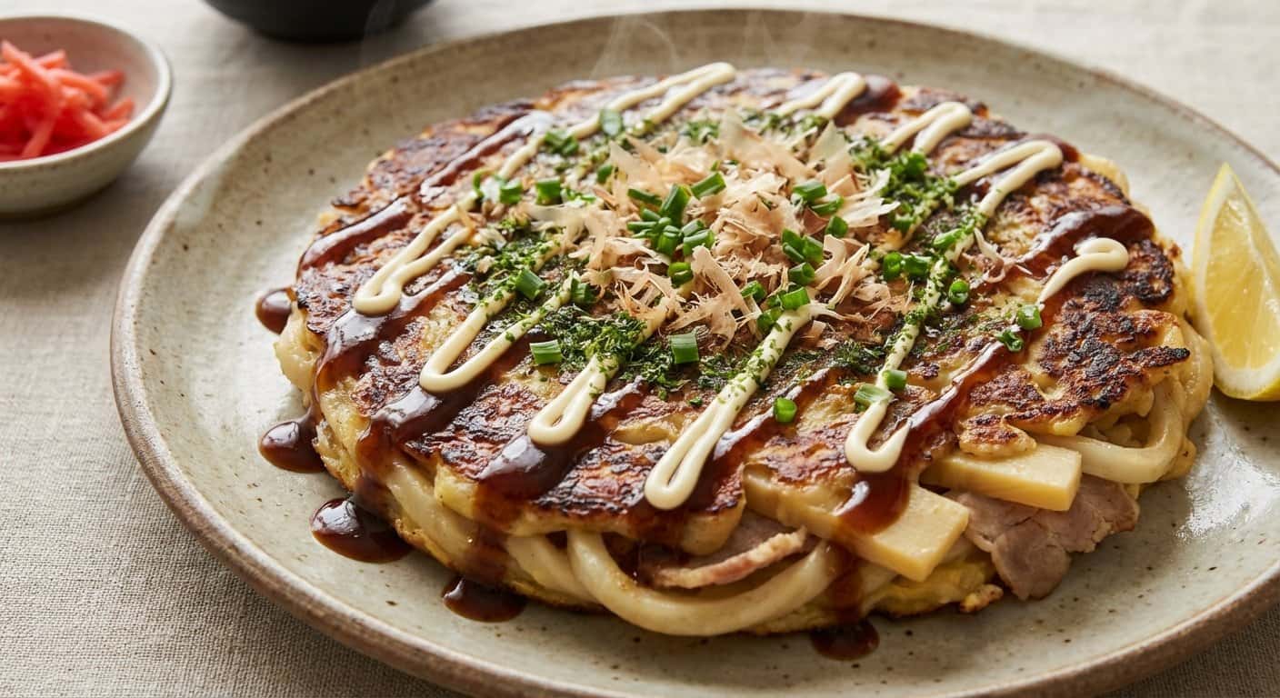 Udon Okonomiyaki con Cerdo y Brotes de Bambú