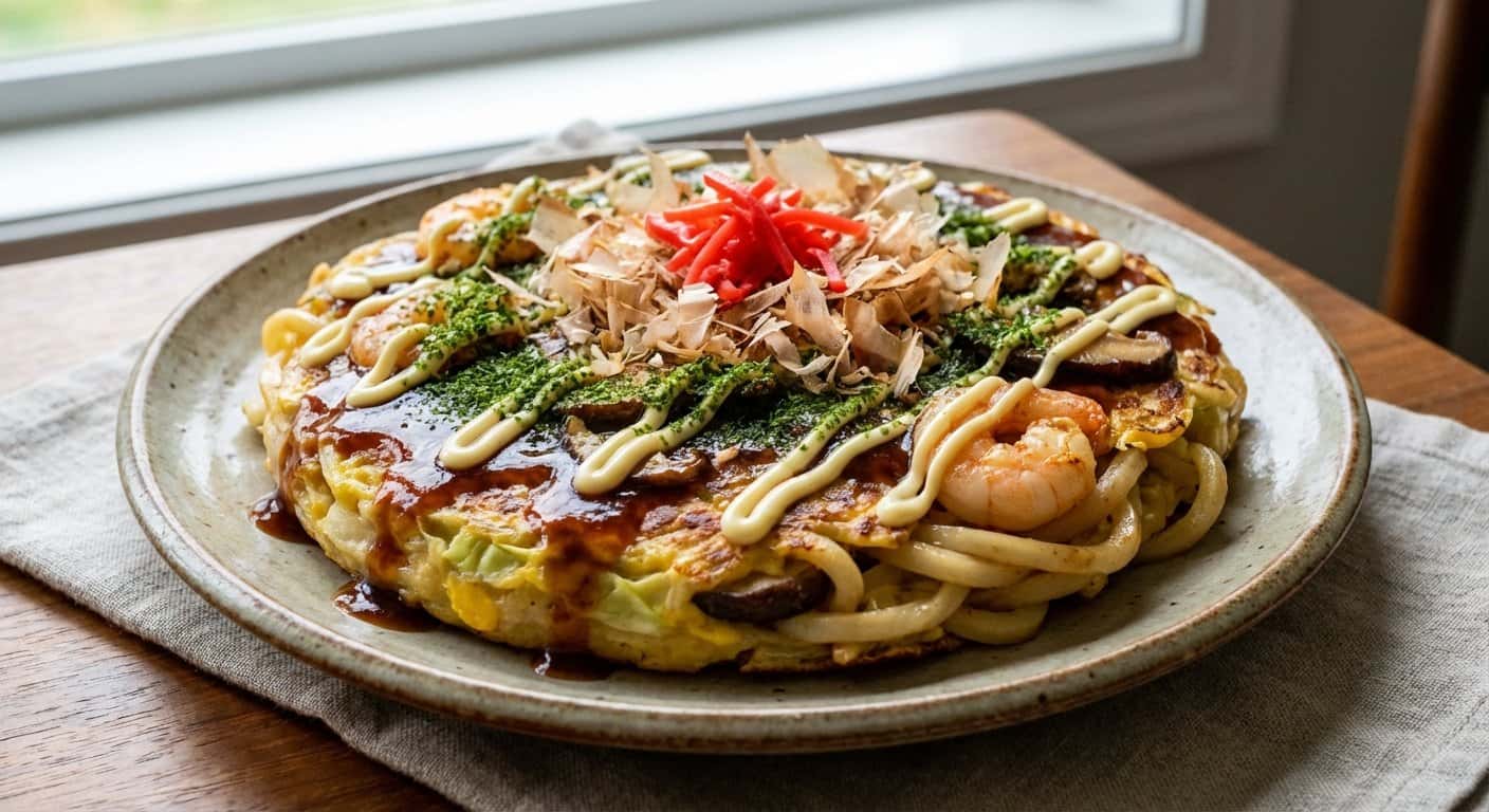 Udon Okonomiyaki con Gambas y Shiitake