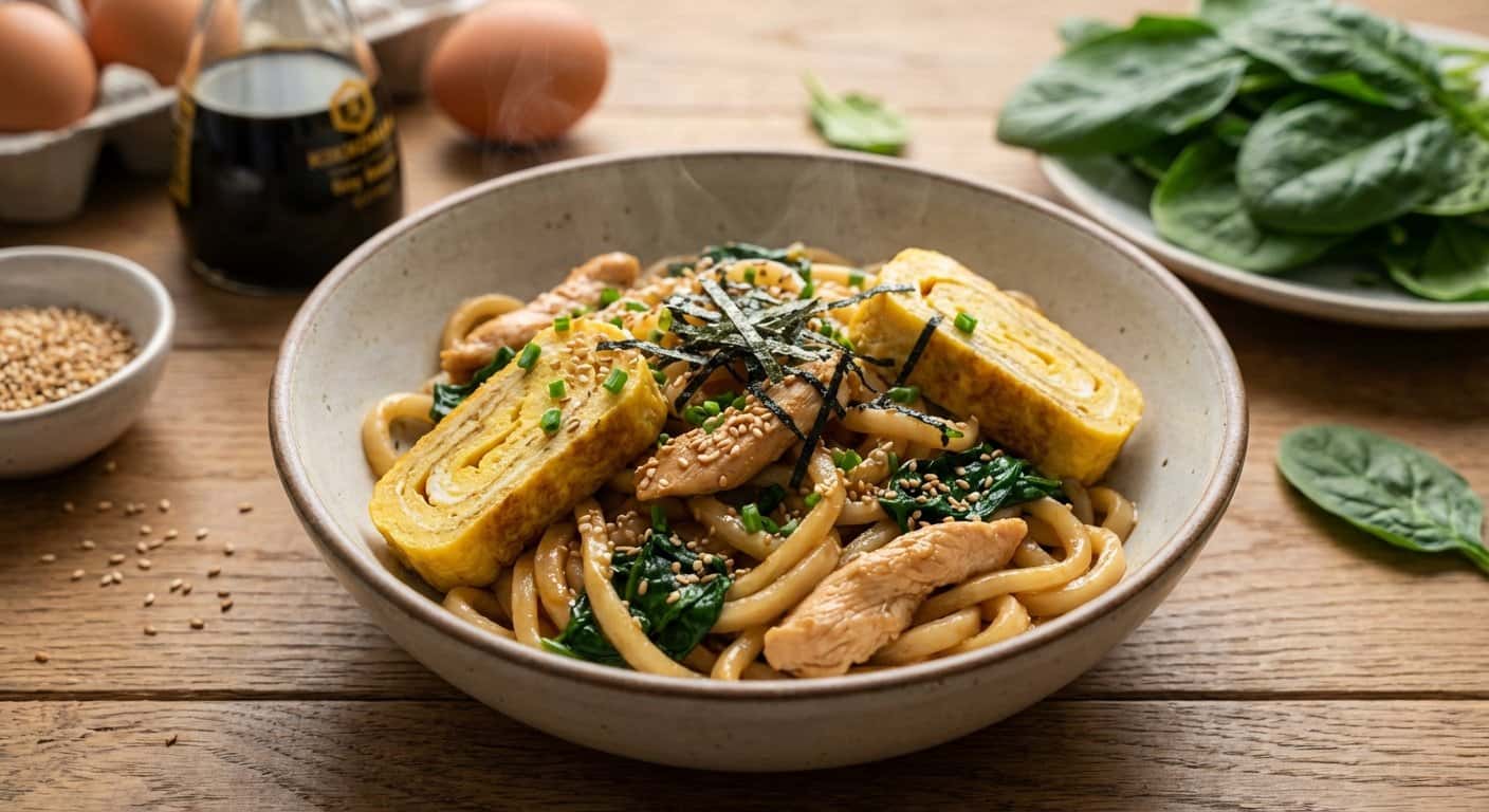 Udon Tamagoyaki con Pollo y Espinacas