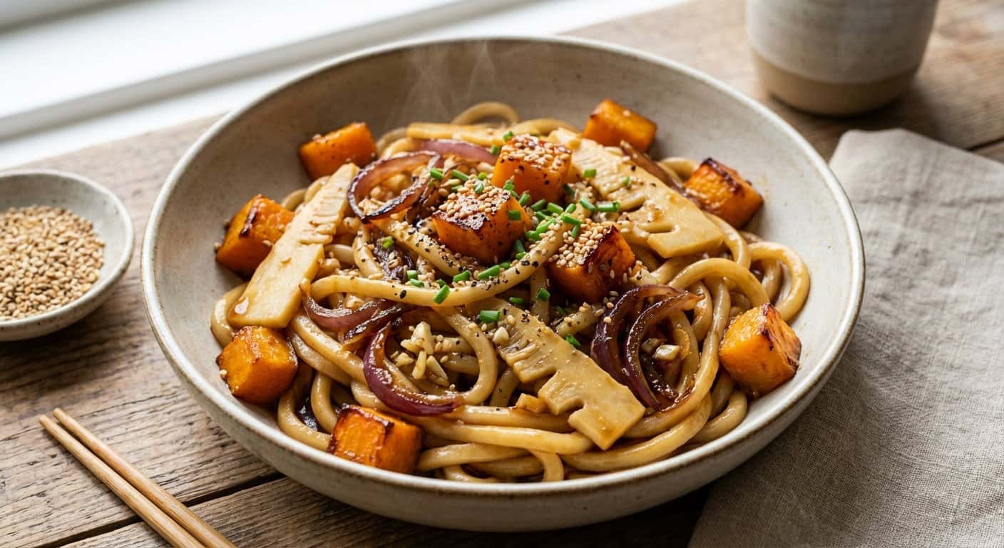 Udon Yakitori con Calabaza y Brotes de Bambú