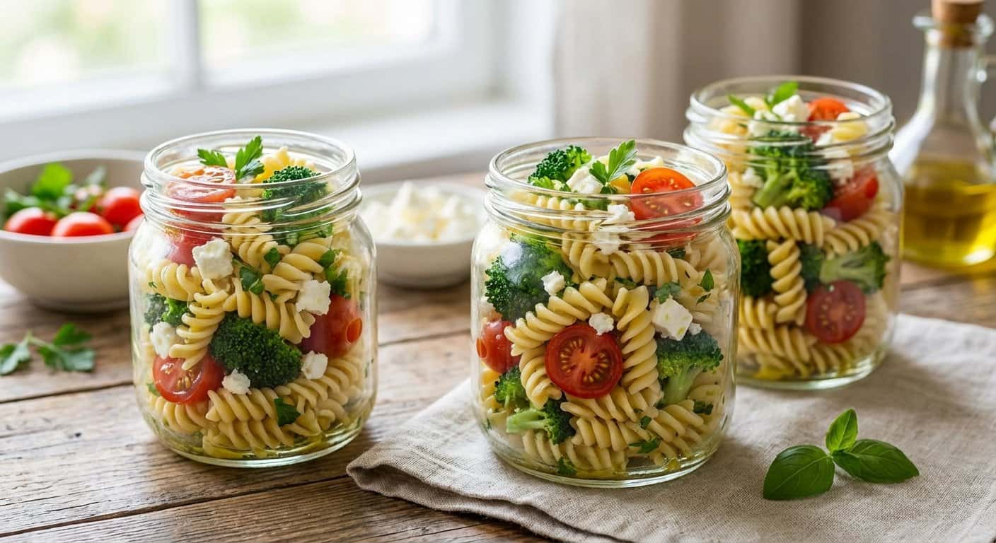 Vasitos de pasta fría con brócoli y hierbas