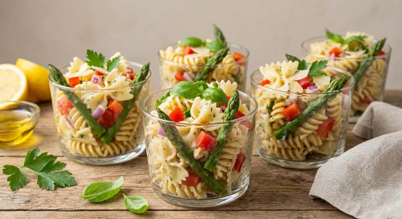 Vasitos de pasta fría con espárragos y hierbas