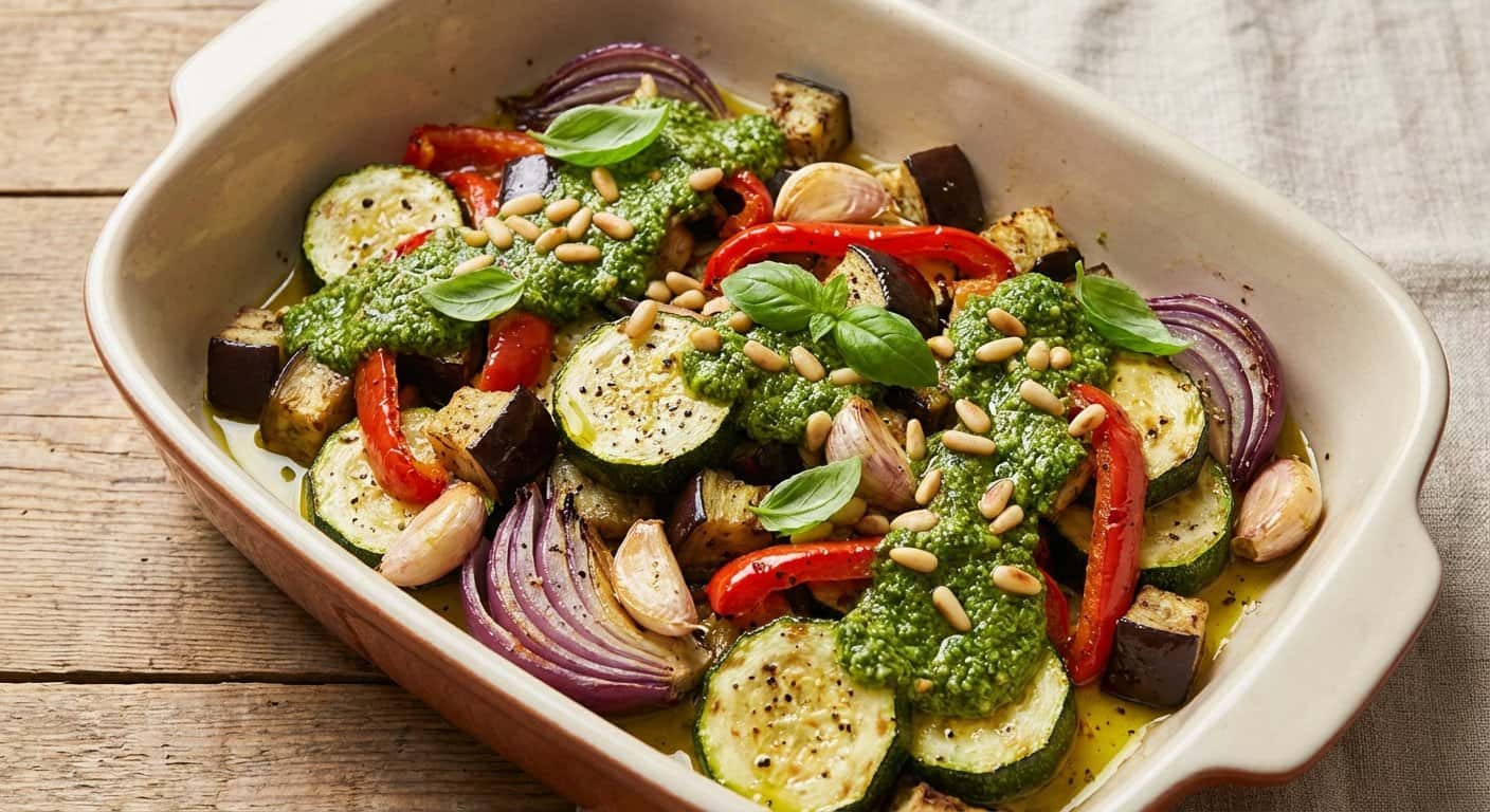 Verduras al horno con albahaca y pesto