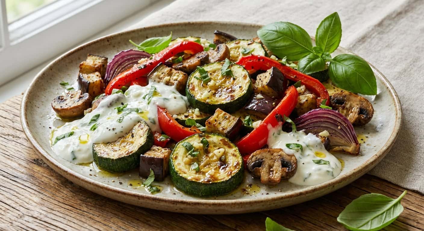 Verduras al horno con albahaca y salsa de yogur
