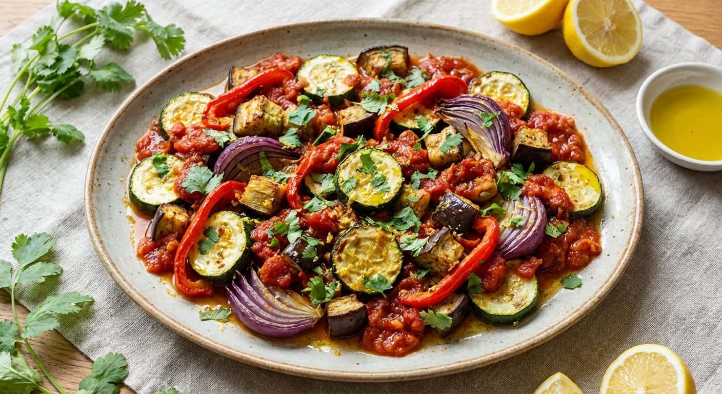 Verduras al horno con cilantro y salsa de tomate