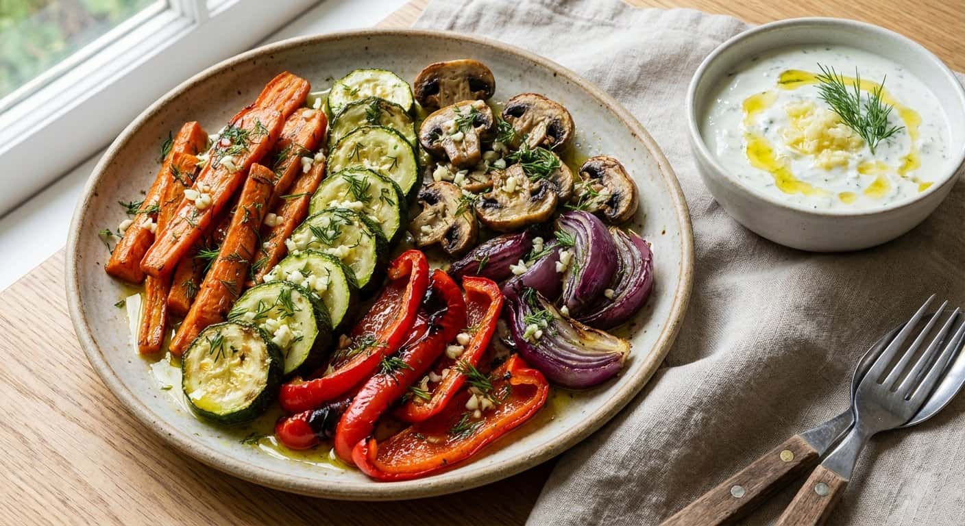 Verduras al horno con eneldo y salsa de ajo
