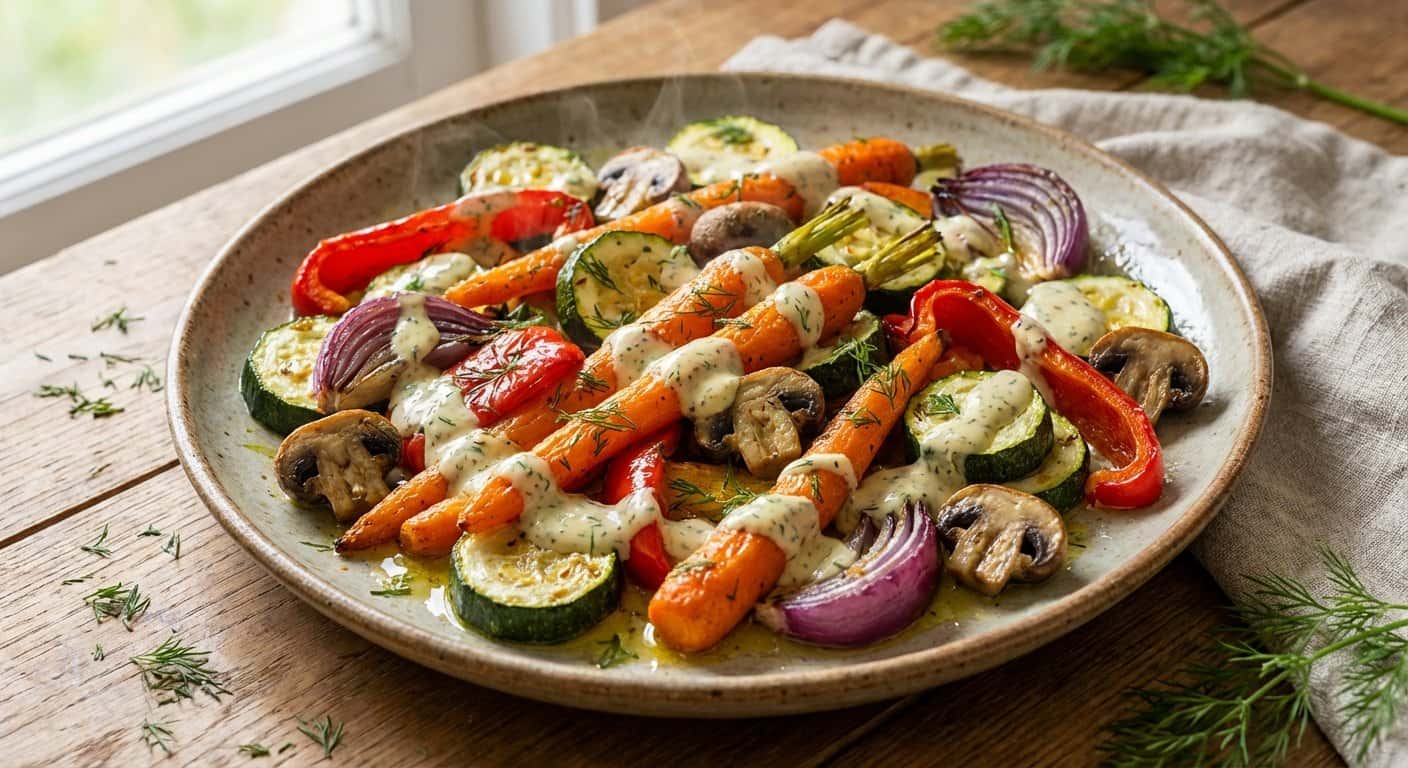 Verduras al horno con eneldo y salsa de mostaza