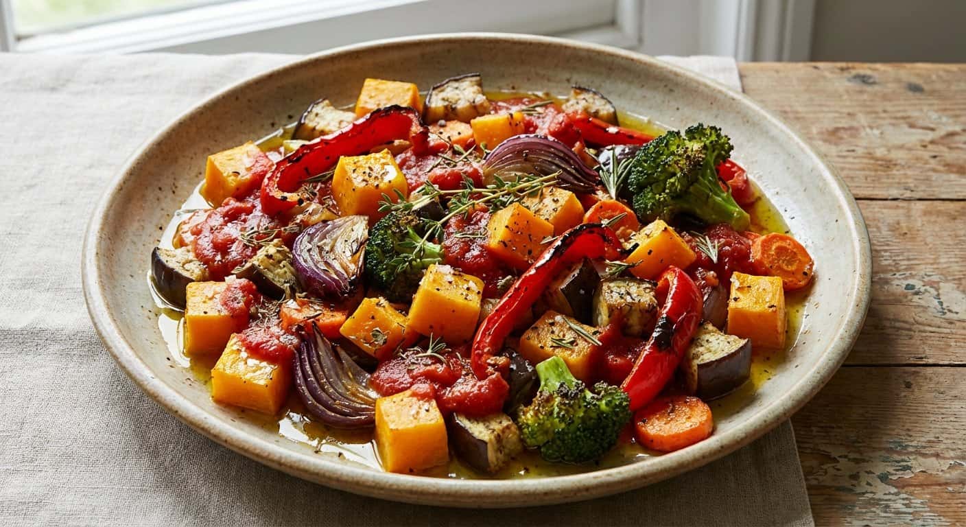 Verduras al Horno con Tomillo y Salsa de Tomate