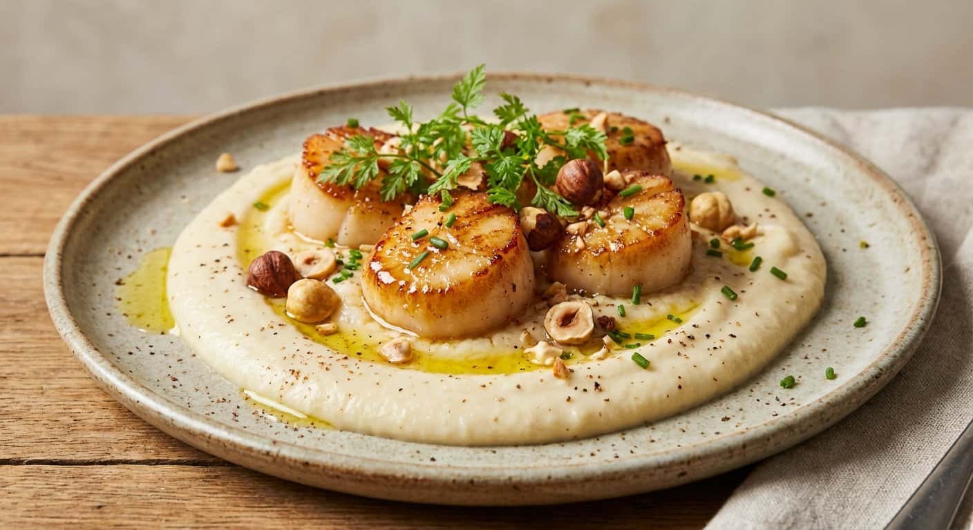 Vieiras con puré de apionabo y avellana tostada