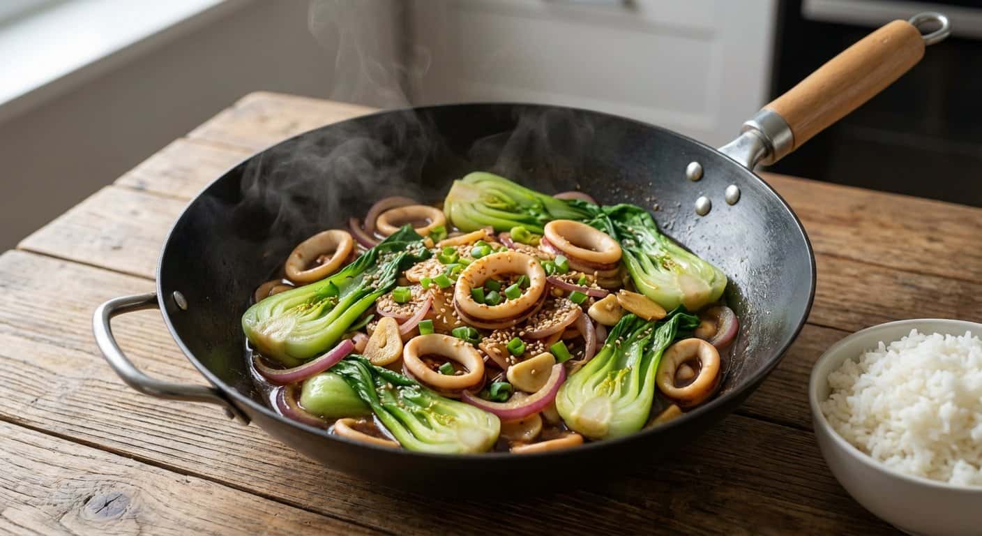 Wok Cantonesa de Col China con Calamar y Salsa de Soja