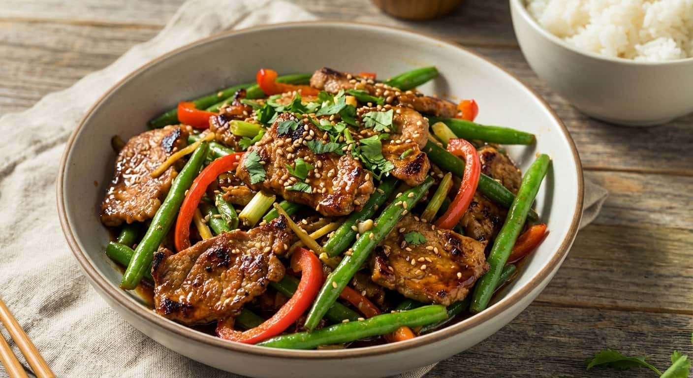 Wok Cantonesa de Judías Verdes con Cerdo y Salsa de Chili