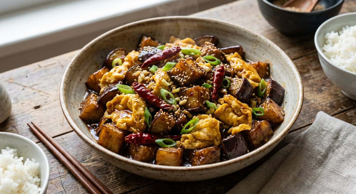 Wok Hunan de Berenjena con Huevo y Salsa Hoisin