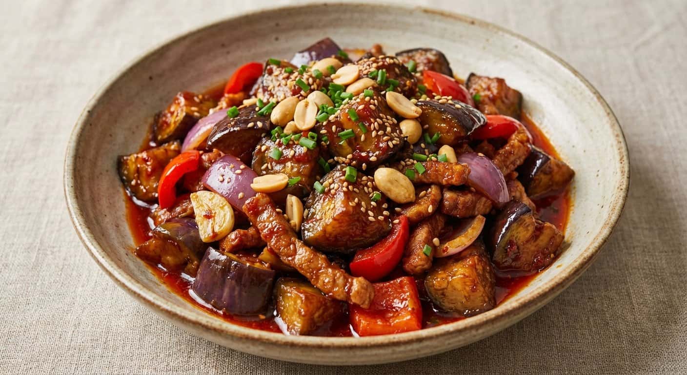 Wok Sichuan de Berenjena con Cerdo y Salsa de Chili