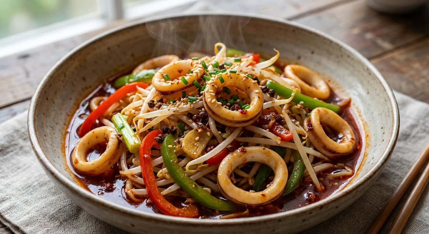 Wok Sichuan de Brotes de Soja con Calamar y Salsa Agridulce