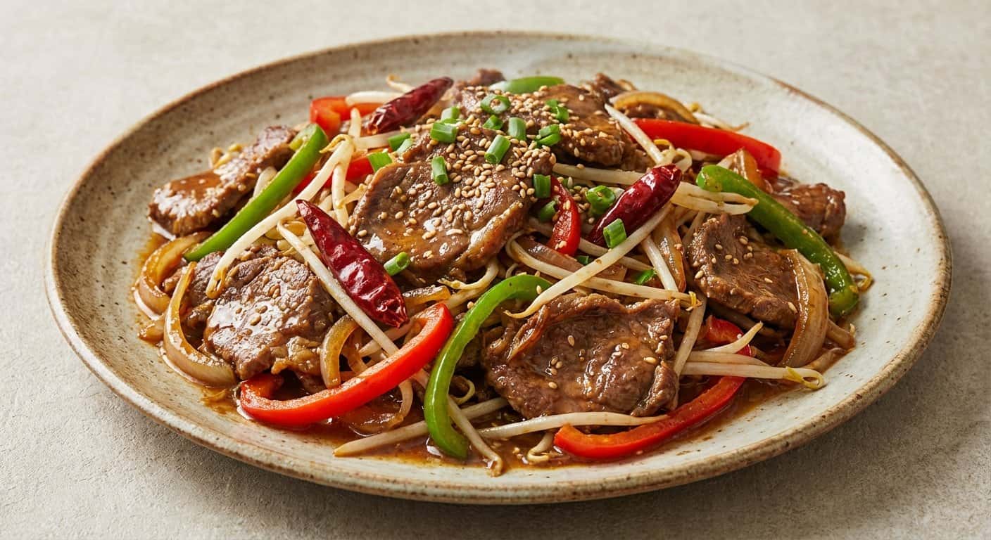 Wok Xinjiang de Brotes de Soja con Cordero y Salsa de Sésamo